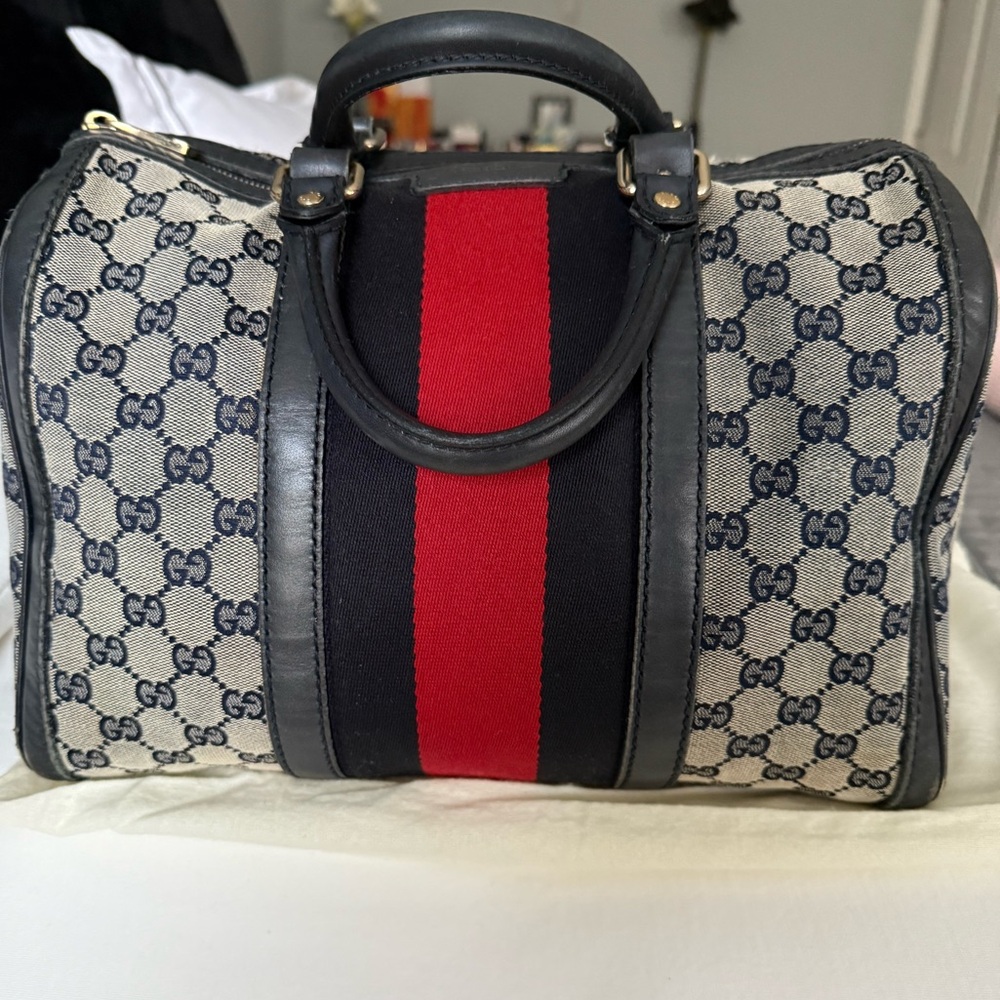 Gucci Blue and Red Striped Boston Bag